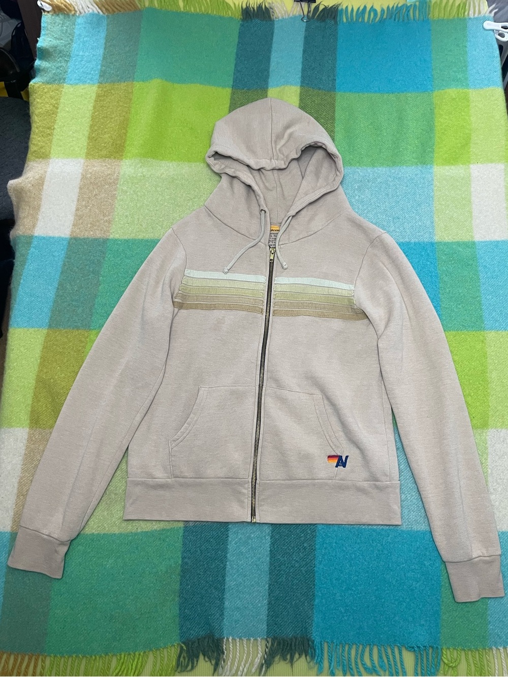 Aviator Nation 5 Stripe Zip Sweatshirt Hoodie Cream/Tan/Eggshell Women’s